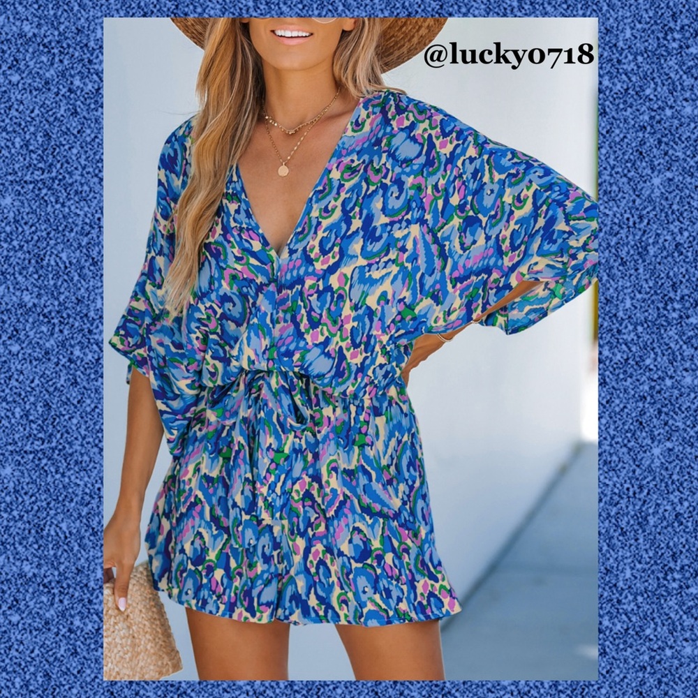 Cupshe NWT Blue Abstract Print Drawstring Romper Sz S